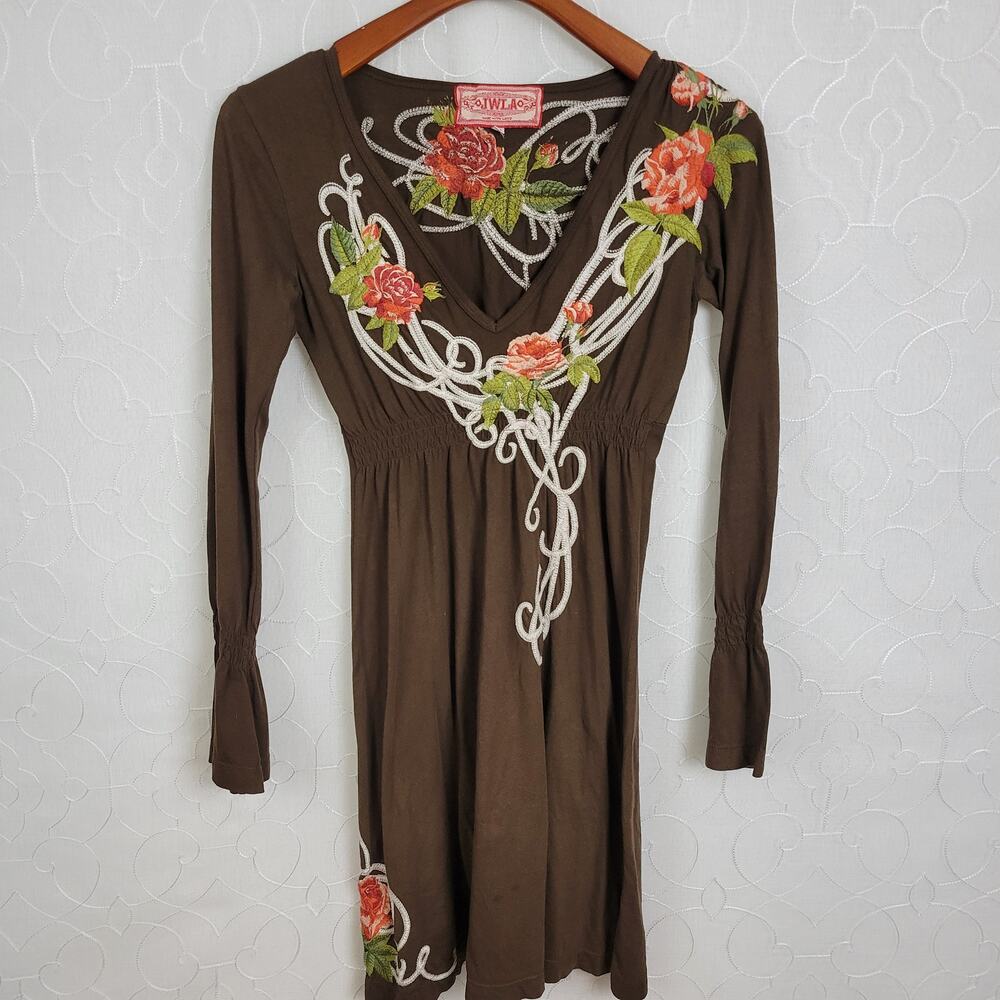 Johnny Was LA Dress Womens XS Brown Floral Embroidered Applique‎ Babydoll V-Neck